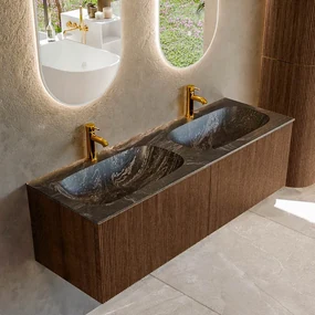 Mondiaz Kurve-dlux 140cm badmeubel walnut met 2 lades en wastafel stor small dubbel 2 kraangaten lava