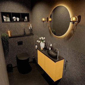 Mondiaz Fowy toiletmeubel 80cm ocher met zwarte waskom rechts en kraangat