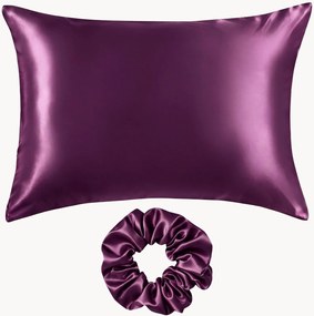 Kussensloop en scrunchie van moerbeizijde satijn Aubergine, 2-delig