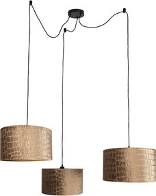 Hanglamp zwart met krokodil kap en gouden binnenkant 35cm 3-lichts - Cava