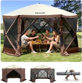 VEVOR Pop-Up Gazebo Tent, Pop-Up Tent met 6-zijdige luifel, zonnescherm met 6 verwijderbare privacy-windschermen en gaasramen, 3,5 x 3,5 m, snel op te zetten tent met klamboe, bruin