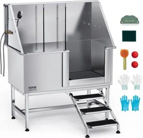 VEVOR Hondenwasstation van roestvrij staal, 1270x700x1545mm, verzorgingsbak voor huisdieren met trap, PE-waterfilterplaat, kraan, douchekop en zeephouder, voor grote, middelgrote en kleine huisdieren (rechterdeur)