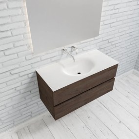 Zaro Sevilla Solid Surface badmeubel 100cm donker eiken zonder kraangat spoelbak midden met 2 lades