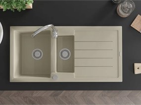 Mexen Andres granitische spoelbak 1,5-komoren met afdruiprek 1000 x 500 mm, beige, chroom sifon - 6515101510-69