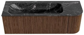 Mondiaz Kurve-dlux 135cm badmeubel ronding rechts walnut met 1 lade en deur en wastafel big medium kraangat links lava