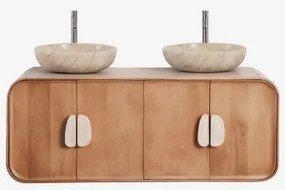 Dubbel Zwevend Badkamermeubelset 130x45 Cm Van Mangohout En Natuurlijke Kivalina-steen Travertijn - Mangohout & 2 X Ronde Travertijn Ø40 Cm Eskel -