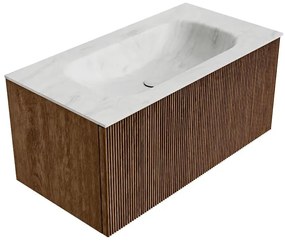 Mondiaz Kurve-dlux 90cm badmeubel walnut met 1 lade en wastafel big small midden zonder kraangat opalo