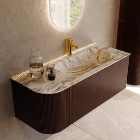 Mondiaz Kurve-dlux 115cm badmeubel ronding links ruby met 1 lade en deur en wastafel big small kraangat rechts glace