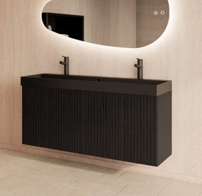 Gliss Design Hybris badmeubel met ribbelfront 120cm black veneer met zwarte wastafel zonder kraangat Lako