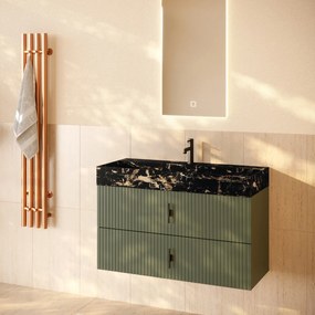 Muebles Murcia badmeubel ribbelfront 100cm legergroen met Portoro Gold wastafel met kraangat