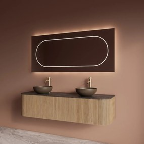 Gliss Design Alluro badmeubel ribbelfront met ronding links/rechts 160cm mist en zwart leisteen toppaneel
