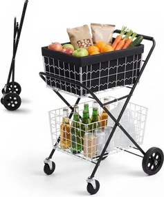 VEVOR 2-laags boodschappenwagen, opvouwbaar, draagvermogen 40 kg, stalen frame, inhoud 64 liter, met 2 uitneembare manden en 4 wielen, 2-in-1 transportwagen voor huishouden, supermarkt en magazijn.