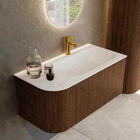 Mondiaz Kurve-dlux 95cm badmeubel ronding links walnut met 1 lade en deur en wastafel big small kraangat rechts opalo