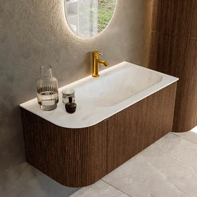 Mondiaz Kurve-dlux 95cm badmeubel ronding links walnut met 1 lade en deur en wastafel big small kraangat rechts opalo