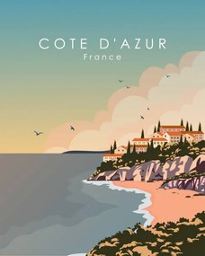 Ilustratie Cote Dazur France travel poster, Kristina Bilous, (30 x 40 cm)