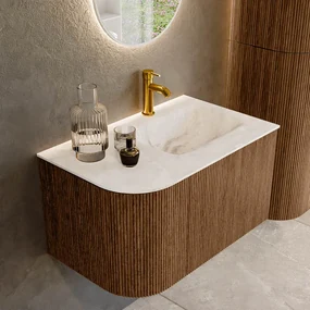 Mondiaz Kurve-dlux 75cm badmeubel ronding links walnut met 1 lade en deur en wastafel grunne kraangat rechts frappe