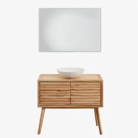 Deleyna Badkamermeubelset 90x45 Cm Van Hout Natuurlijk Hout & Rond Cement Wit Ø40 Cm Zavion & Rechthoekige Led En Anticondens 100x70 Cm Riben - Sklum