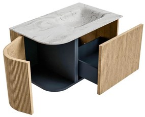 Mondiaz Kurve-dlux 75cm badmeubel ronding links oak met 1 lade en deur en wastafel grunne kraangat rechts glace