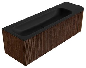 Mondiaz Kurve 145cm badmeubel ronding rechts walnut met 1 lade en deur en wastafel big large links 2 kraangaten urban