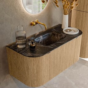 Mondiaz Kurve-dlux 100cm badmeubel ronding links/rechts oak met 1 lade en 2 deuren en wastafel grunne midden zonder kraangat lava