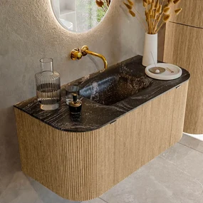 Mondiaz Kurve-dlux 100cm badmeubel ronding links/rechts oak met 1 lade en 2 deuren en wastafel grunne midden zonder kraangat lava