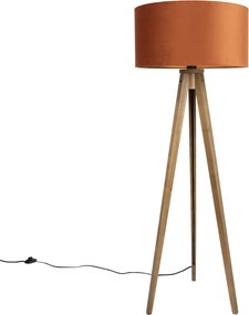 Vloerlamp hout met kap oranje een gouden binnenkant 50cm - Tripod Classic