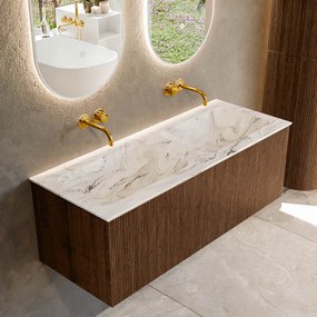 Mondiaz Kurve-dlux 120cm badmeubel walnut met 1 lade en wastafel leaf dubbel zonder kraangat glace