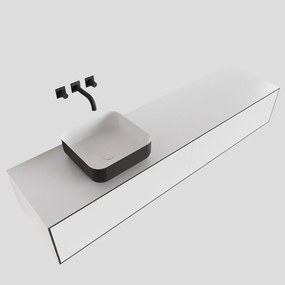 Zaro Lagom volledig naadloos solid surface onderkast met topblad 180cm mat zwart met 2 lades Push tot open. Compleet met solid surface opzetkom met 0 kraangat(en)