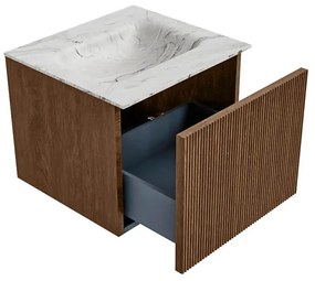 Mondiaz Kurve-dlux 50cm badmeubel walnut met 1 lade en wastafel grunne midden zonder kraangat glace