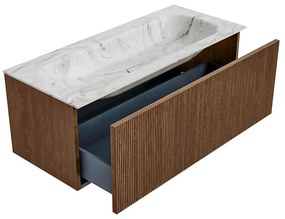 Mondiaz Kurve-dlux 110cm badmeubel walnut met 1 lade en wastafel big medium midden 1 kraangat glace