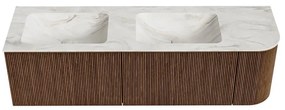 Mondiaz Kurve-dlux 155cm badmeubel ronding rechts walnut met 2 lades en 1 deur en wastafel leaf dubbel/links zonder kraangat ostra