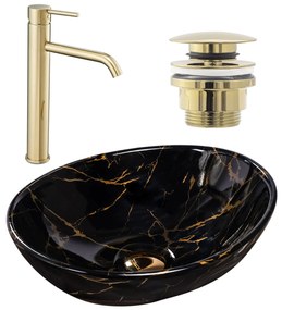Wastafel Sofia Black Marble + kraan Lungo Gold High + universele plug gold