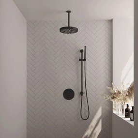Brauer Stripe inbouw regendouche rond met 25cm hoofddouche, rond met plafondarm, glijstang en staafhanddouche set 45 zwart mat