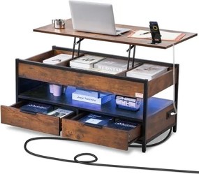 VEVOR salontafel met opklapbaar blad, 39,4 inch rechthoekige salontafel met extra opbergvakken, opvouwbare salontafel met stekkerdoos, USB en sfeerverlichting voor de woonkamer, bruin