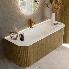 Mondiaz Kurve-dlux 120cm badmeubel ronding links/rechts dusk met 1 lade en 2 deuren en wastafel big small midden 1 kraangat opalo