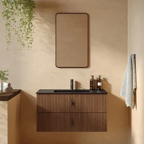 Muebles Marbella badmeubel ribbelfront 100cm walnoot met zwarte wastafel met kraangat