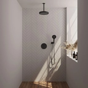 Brauer Stripe inbouw regendouche rond met 25cm hoofddouche, plafondarm en 3 standen handdouche set 42 zwart mat