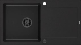 Mexen Leo granieten gootsteen 1-komers met afdruiprek 900 x 500 mm, zwart, zwarte sifon - 6501901010-77-B