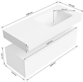 Zaro Alan badmeubel 110cm sand met 1 lade en vrijhangende wastafel rechts met kraangat wit mat