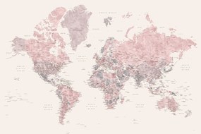 Kaart Detailed watercolor world map in dusty pink and cream, Madelia, Blursbyai, (40 x 26.7 cm)