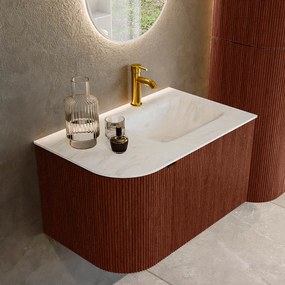 Mondiaz Kurve-dlux 75cm badmeubel ronding links ruby met 1 lade en deur en wastafel grunne kraangat rechts opalo