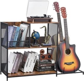VEVOR 3-laags draaitafelstandaard met gitaarhouder, platenstandaard met opbergruimte voor maximaal 300 albums, vinylplatenkast met metalen gaasframe voor woonkamer/slaapkamer