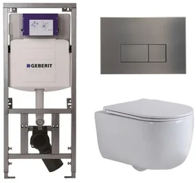 QeramiQ Dely Swirl Toiletset - 36.3x51.7cm - Geberit UP320 Burda inbouwreservoir - slim zitting - gunmetal bedieningsplaat - rechthoekige knoppen - wit glans 0701131/SW706199/SW1000766/SW1026256