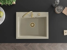 Mexen Elix granieten spoelbak 1-komers 600 x 500 mm, beige, gouden sifon - 6525601005-69-G
