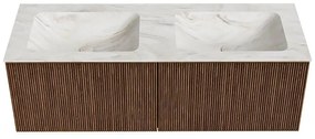 Mondiaz Kurve-dlux 130cm badmeubel walnut met 2 lades en wastafel leaf dubbel zonder kraangat ostra