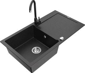 Mexen Leo granieten spoelbak 1-komers met afdruiprek en keukenmengkraan Telma, zwart/zilveren metallic - 6501-73-670200-70