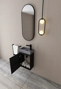 MD Interior Eden toiletmeubel zwart mangohout links met betonnen fontein rechts