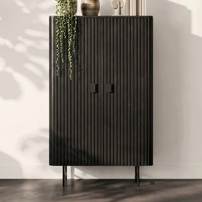 Zwarte Retro Kast Met Houten Latjes - 96x45x170cm.