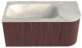 Mondiaz Kurve-dlux 95cm badmeubel ronding rechts ruby met 1 lade en deur en wastafel big small links zonder kraangat ostra