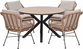 Garden Impressions Lucas tuinset bruin 5-delig - Tulli tuintafel light teak look Ø122 cm